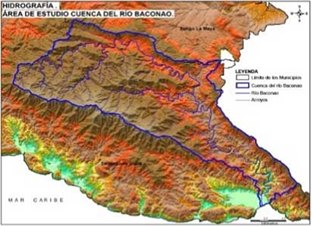 Modelo digital del terreno a escala 1:25000, con superposición de red hidrográfica de la Cuenca del río Baconao. Adaptado de Geocuba, 2012.
