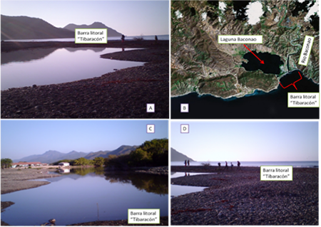 Imágenes de la Barra litoral (Tibaracón) formado en la desembocadura del Rio Baconao. A, C y D: Fotos; B: Imagen satélital. Fuente: Elaborado por el autor.