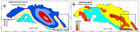 Imagen del modelo de temperatura media anual 1:100,000. Fuente: Colectivo de autores, 2002. (Derecha). Imagen del modelo de porciento de cobertura vegetal municipio Santiago de Cuba. Fuente: Elaborado por el autor, 2002. (Izquierda)