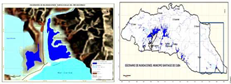 Imagen del mapa de inundaciones fluviales del municipio Santiago de Cuba señalando en recuadro el área correspondiente de influencia de la cuenca hidrográfica del río Baconao (izquierda). Detalle en la zona baja y transición de la cuenca de las inundaciones(derecha). Fuente: Elaborado por el autor y Beyrí, 2017.