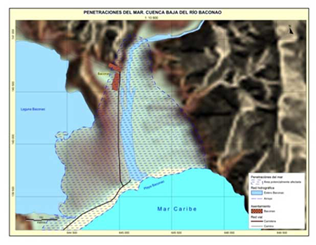 Imagen del mapa de penetración del mar significando la zona costera de la cuenca del río Baconao. Fuente: Elaborado por el autor y Beyrí, 2017.
