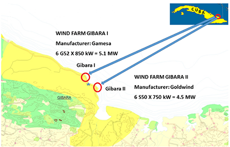 Location of the Gibara I and II wind farms in the province of Holguín and the Los Cocos wind survey mast. Note: Taken from (Roque et al., 2022).