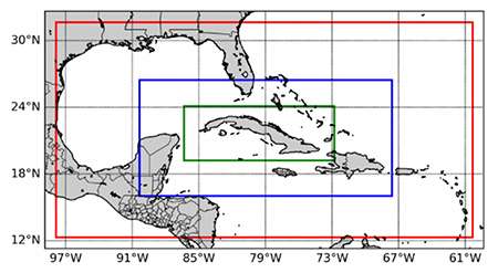 SisPI simulation domains. The study's 3km resolution zone is represented by the green square. Note: (Source: self-made)
