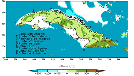 Topografía y tramos costeros del archipiélago cubano empleados en la presente investigación. Elaborado a partir de (GEBCO, 2014).