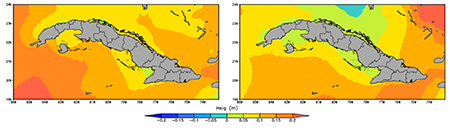 Anomalías Hsig media mensual durante las fases positivas fuertes de los eventos ENOS 1997-98 (izquierda) y 2015-16 (derecha) respecto a la norma climática 1961-1990.