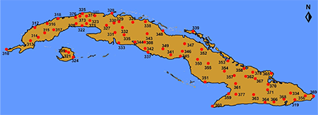 Localizaci&oacute;n de las estaciones meteorol&oacute;gicas de superficie utilizadas en el estudio.