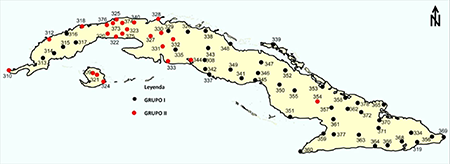 Distribuci&oacute;n espacial de las estaciones pertenecientes a los grupos definidos en el an&aacute;lisis de cluster del n&uacute;mero promedio normalizado de d&iacute;as con tormenta por meses en el periodo 2005 - 2019.