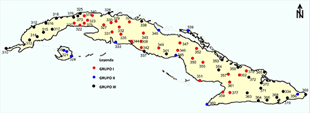 Representaci&oacute;n espacial de las estaciones que integran cada grupo de los definidos en el dendrograma de la figura 12.