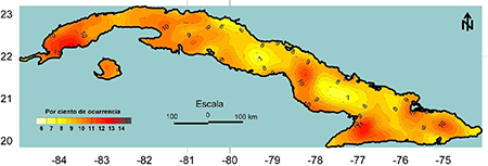 Distribuci&oacute;n espacial del por ciento de ocurrencia de observaciones con tormenta para Cuba (carta base escala 1:250000).