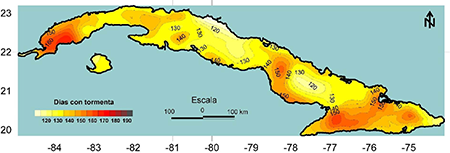 Distribuci&oacute;n espacial del n&uacute;mero promedio anual de d&iacute;as con tormenta (nivel cer&aacute;unico) para Cuba (carta base escala 1:250000).
