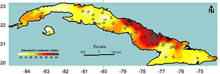 Distribuci&oacute;n espacial de la desviaci&oacute;n est&aacute;ndar de la series de d&iacute;as con tormenta para Cuba (carta base escala 1:250000).