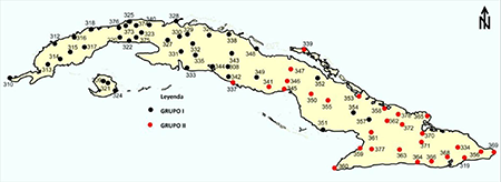 Distribuci&oacute;n espacial de las estaciones pertenecientes a los grupos definidos en el an&aacute;lisis de cluster representado en la figura 4.