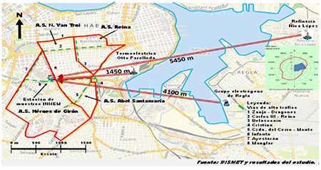 Principales fuentes estacionarias y m&oacute;viles de contaminantes del aire y &aacute;reas de Salud en la zona del estudio de los municipios Centro Habana y Cerro