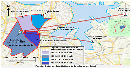 &Iacute;ndice de Atenciones M&eacute;dicas para CAAB por 10 000 habitantes en las 4 &Aacute;reas de Salud de la zona de estudio de los municipios Centro Habana y Cerro para el trienio 2015-2017.