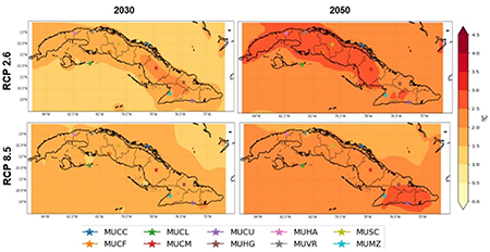 Cambios en la temperatura media (ºC) para Cuba en los años 2030 y 2050 para los escenarios RCP 2.6 y RCP 8.5 de acuerdo al período de referencia (1961-1990).