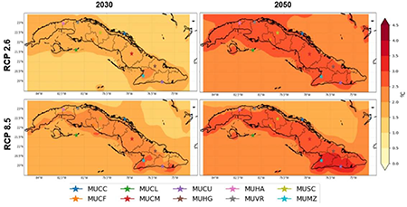 Cambios en la temperatura mínima (ºC) para Cuba en los años 2030 y 2050 para los escenarios RCP 2.6 y RCP 8.5 de acuerdo al período de referencia (1961-1990).