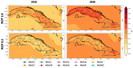 Cambios en la temperatura máxima (ºC) para Cuba en los años 2030 y 2050 para los escenarios RCP 2.6 y RCP 8.5 de acuerdo al período de referencia (1961-1990).