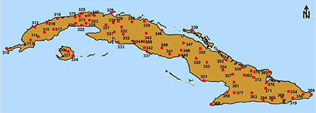Ubicación de las 68 estaciones en estudio. Aquí no se refiere el bloque 78 para que pueda apreciarse mejor la ubicación de las estaciones.