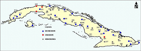 Representación espacial del carácter de la tendencia de las series en estudio donde el análisis arribó a conclusiones.