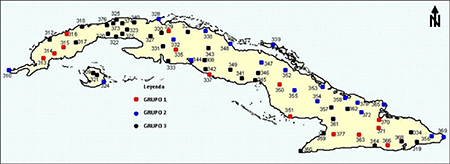 Distribución espacial de las estaciones clasificadas según los grupos por el análisis de clúster que se muestra en la figura 4.