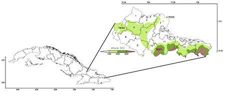 Ubicaci�n geogr�fica y representaci�n f�sico-pol�tico de la provincia de Holgu�n, as� como la localizaci�n de las estaciones meteorol�gicas empleadas en la esta investigaci�n. Elaborado con informaci�n topogr�fica de Atlas GEBCO en su versi�n 2014 disponible en el sitio web www.gebco.net.