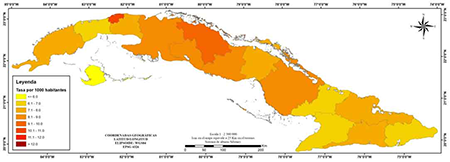 Distribución por provincias de las tasas anuales de la mortalidad general en Cuba (2001-2020).