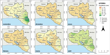 Precipitacin mensual en el Perodo poco lluvioso. Provincia Cienfuegos. Perodo 1991-2020