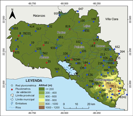 Mapa de localizacin de las estaciones pluviomtricas y meteorolgicas utilizadas en el estudio espacial. 