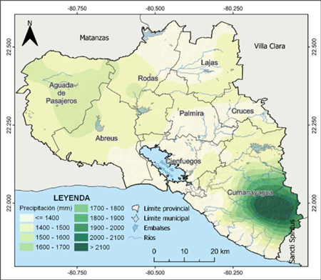 Distribucin espacial de la precipitacin anual de la provincia de Cienfuegos. Perodo 1991-2020