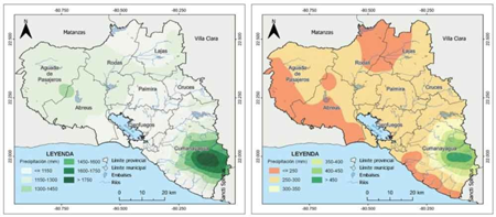 Precipitacin en el Perodo Lluvioso del ao (Izquierda) y Perodo Poco Lluvioso (Derecha). Provincia Cienfuegos. Perodo 1991-2020