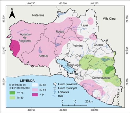Proporcin relativa de las precipitaciones que ocurren en el perodo lluvioso con respecto al total anual. Provincia Cienfuegos. Perodo 1991-2020