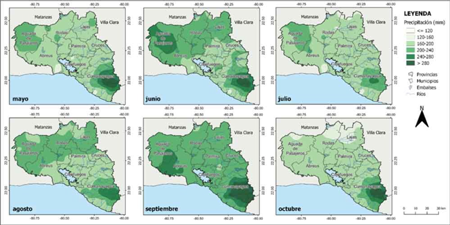 Precipitacin mensual en el Perodo Lluvioso. Provincia Cienfuegos. perodo 1991-2020