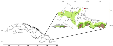 Ubicacin geogrfica y representacin fsico-poltico de la provincia de Holgun, as como la localizacin de las estaciones meteorolgicas (crculos rojos) empleadas en la esta investigacin. Elaborado con informacin topogrfica de Atlas GEBCO en su versin 2014 disponible en el sitio web www.gebco.net.