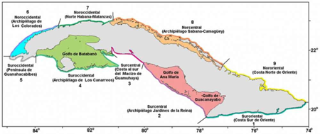 Distritos ecolgicos en los cuales se encuentra dividida la plataforma marina cubana. Fuente: (divisin adoptada de Areces, ed., 2002)