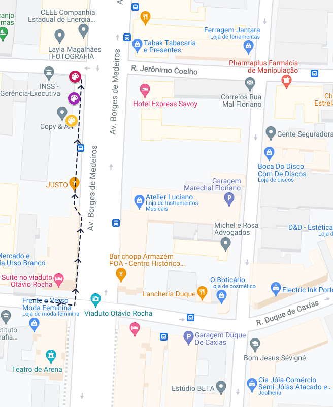 Mapa representando a caminhada realizada no Centro Histórico de Porto Alegre em 21/06/2021