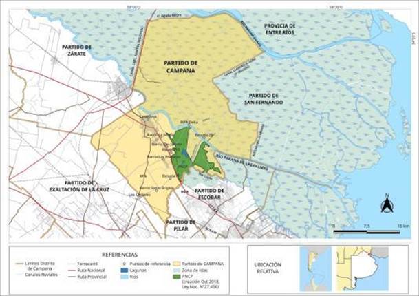 Partido de Campana, provincia de Buenos Aires, Argentina. L�mites del �rea continental y �rea insular