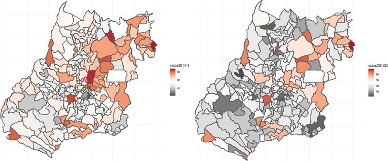 Mapas 1 e 2 - Voto para governador nos 1º e 2º turnos de 2014 (em
                                %)