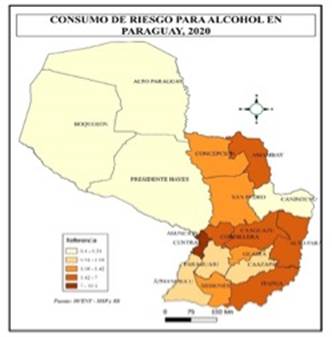 Mapa de distribuci&oacute;n del consumo de riesgo por regiones sanitarias, en ambos sexos, Paraguay, 2020 (n=16 319)