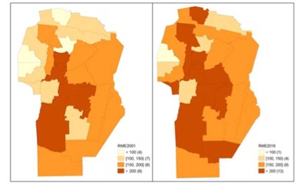 Razones de mortalidad estandarizada (RME) de personas de 60 a&ntilde;os y m&aacute;s por causas respiratorias, seg&uacute;n departamento. C&oacute;rdoba, trienios 2000-2002 y 2015-2017.