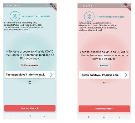 ecr� principal da aplica��o. � esquerda: em funcionamento normal; � direita: ap�s a recep��o de uma notifica��o de risco de cont�gio