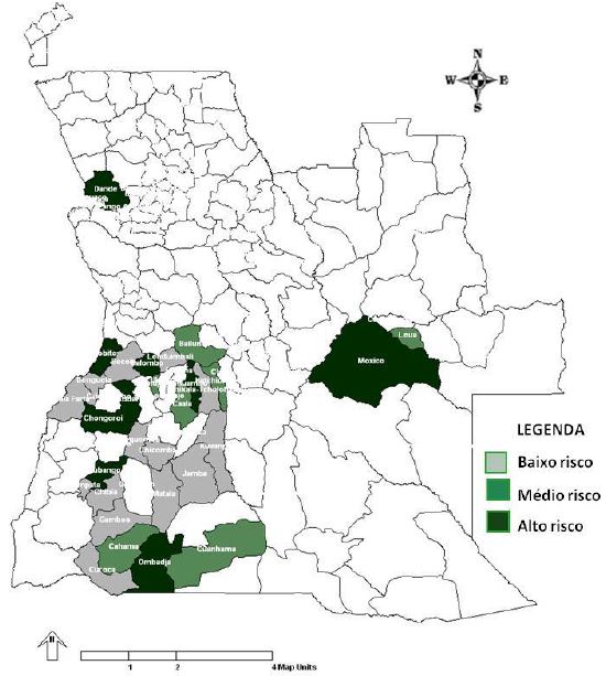 Estratifica��o do risco de mortalidade  da  IRA  em  maiores  de  cinco anos por munic�pio. Angola. 2019