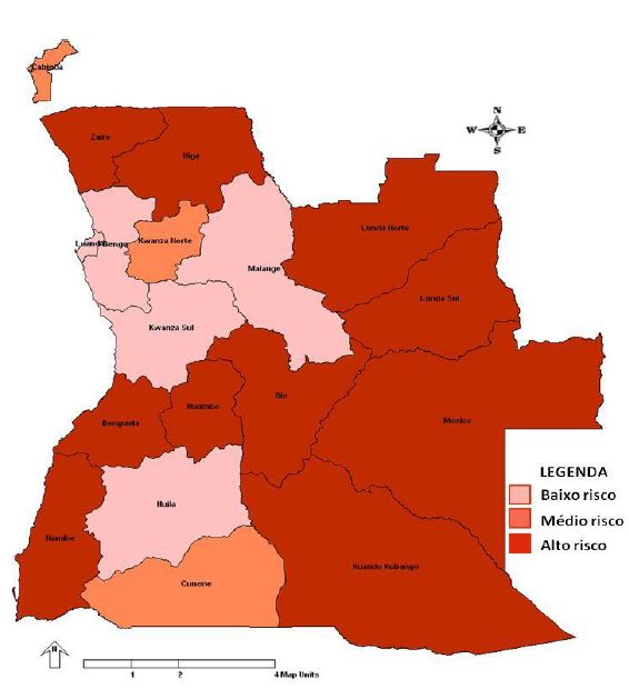 Estratifica��o do risco de Morbilidade de doen�as respirat�rias por prov�ncia . Angola. 2016 - 2019