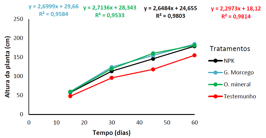 Altura das plantas (cm) em fun��o da aplica��o de fertilizantes org�nicos, minerais e organominerais representado ao longo de 60 dias na cultura do milho. NPK: adubo mineral (12-24-12); G. morcego: adubo org�nico (guano de morcego); O. mineral: adubo organomineral (NPK + guano de morcego); Testemunho (plantas isentas de aduba��o).