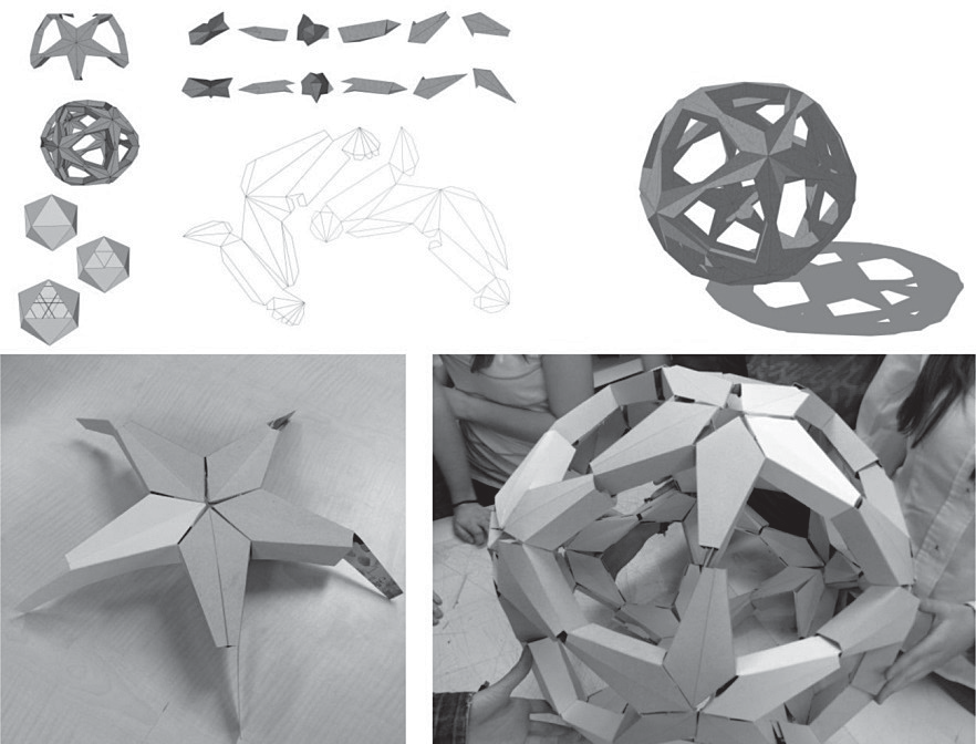 Four levels in the execution of the semester-long exercise. In the example, the students have designed a lamp from the geometric transformation of an icosahedron