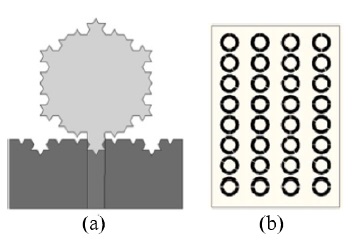 a) Antena UWB con estructura fractales [112] y b) con superficie reflectora [75]