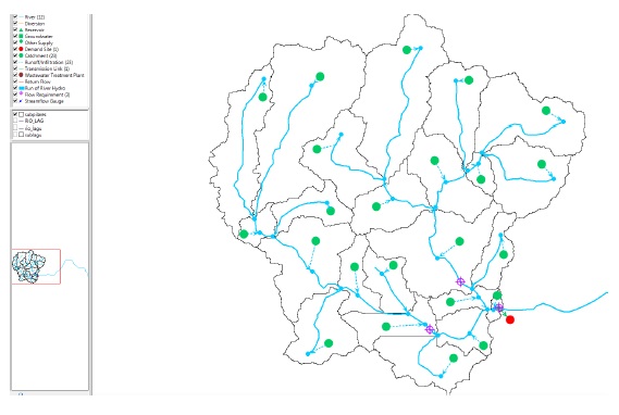 Las 22
subcuencas y red h&iacute;drica obtenido por WEAP