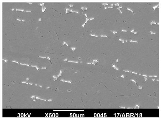 Micrografía de muestra A evaluada mediante back scattered electron (500x).