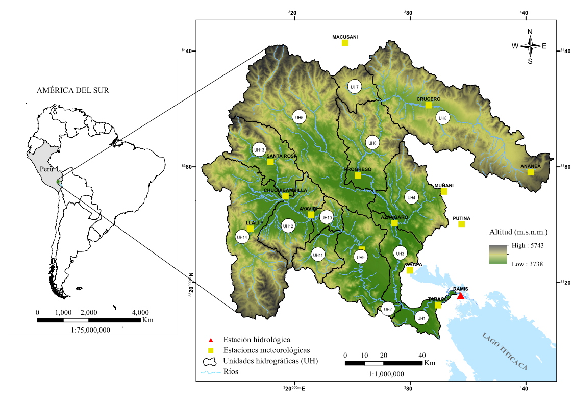 Ubicaci&oacute;n geogr&aacute;fica de la cuenca Ramis y estaciones hidrometeorol&oacute;gicas