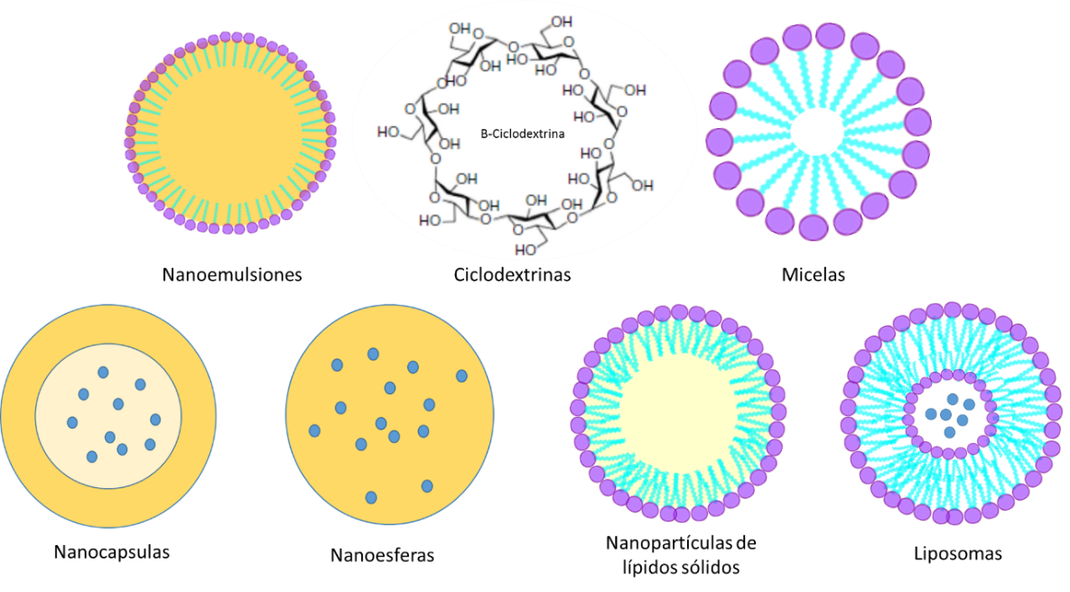 Diagrama de algunas nanotecnolog�as aplicadas en cosm�ticos. Modificado de Dutta 2020 [89] y Dhawan 2020 [90]