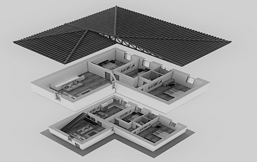 Vista en 3D de vivienda unifamiliar con muro de fardos de paja revocados